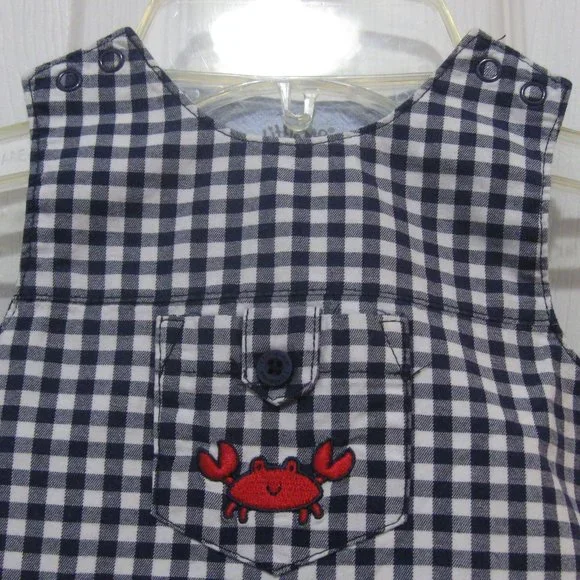 Adorable Gingham Overalls with Embroidered Red Crabs - Picture 2 of 5
